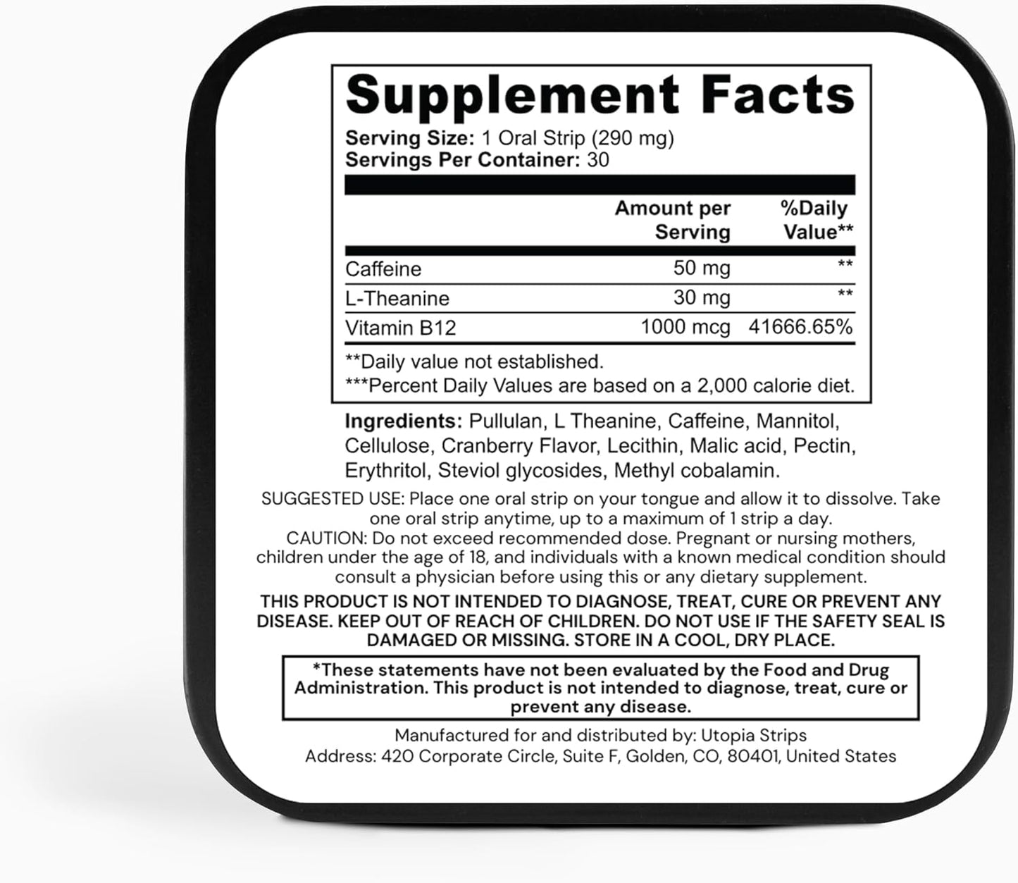 Utopia Energy Strips with Vitamin B12 - Natural Caffeine Supplement, Cranberry Flavor, 30 Count