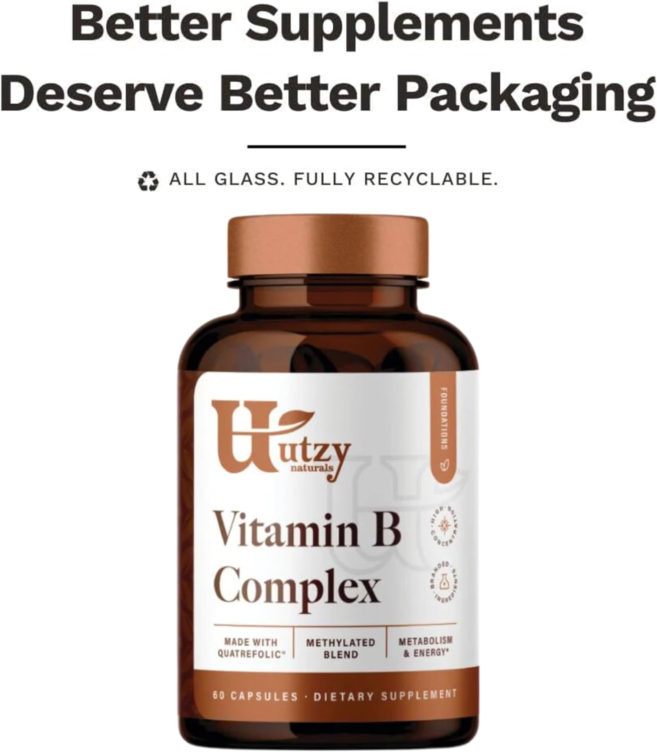 Utzy Naturals Vitamin B Complex Supplement with Choline, Inositol, and 60 Capsules - Complete 8 Essential B Vitamins Formula