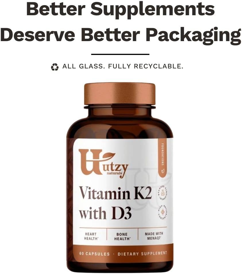 Utzy Naturals Vitamin K2 + D3 Supplement | 45 mcg MenaQ7® K2 | 5,000 IU D3 Cholecalciferol | 60 Servings | USA-Made - BoostGo Australia