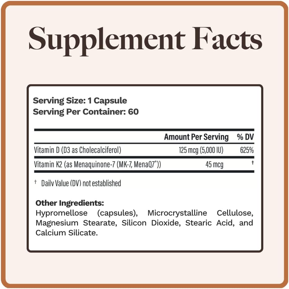 Utzy Naturals Vitamin K2 + D3 Supplement | 45 mcg MenaQ7® K2 | 5,000 IU D3 Cholecalciferol | 60 Servings | USA-Made - BoostGo Australia