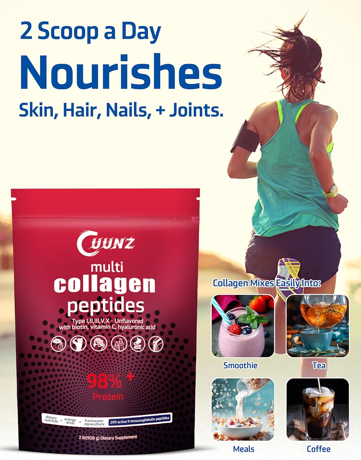 UUNZ Multi Collagen Protein Powder with Biotin, Hyaluronic Acid, Vitamin C - Unflavored Collagen Peptides Supplements - Type I, II, III, V, X - 2lb