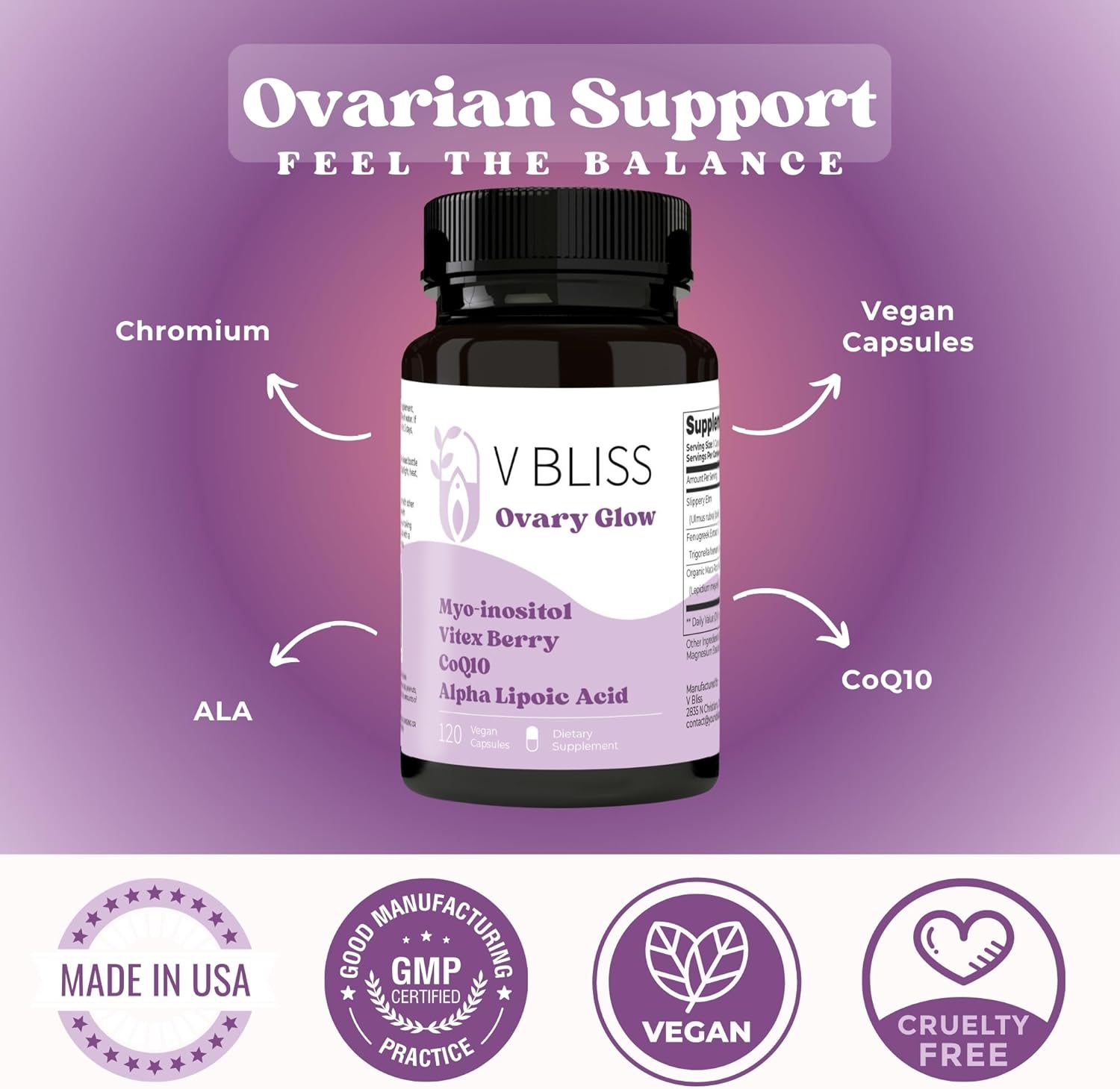 V Bliss Myo-inositol & Vitex Berry | Hormone Balance, Ovarian & Fertility Support with CoQ10 & Chromium | Promotes Healthy Ovulation & Women's Health