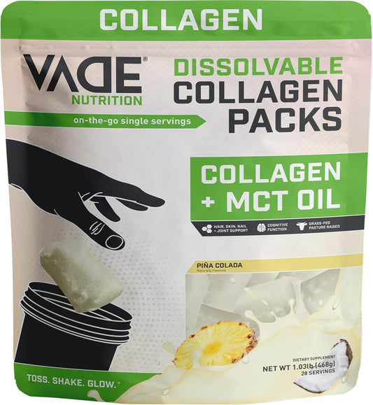 VADE Nutrition Keto Collagen Peptides Powder Packs with MCT Oil - Grass Fed Hydrolyzed Supplement for Hair, Skin, Nails, and Joints - Piña Colada Flavor - 28 Packets