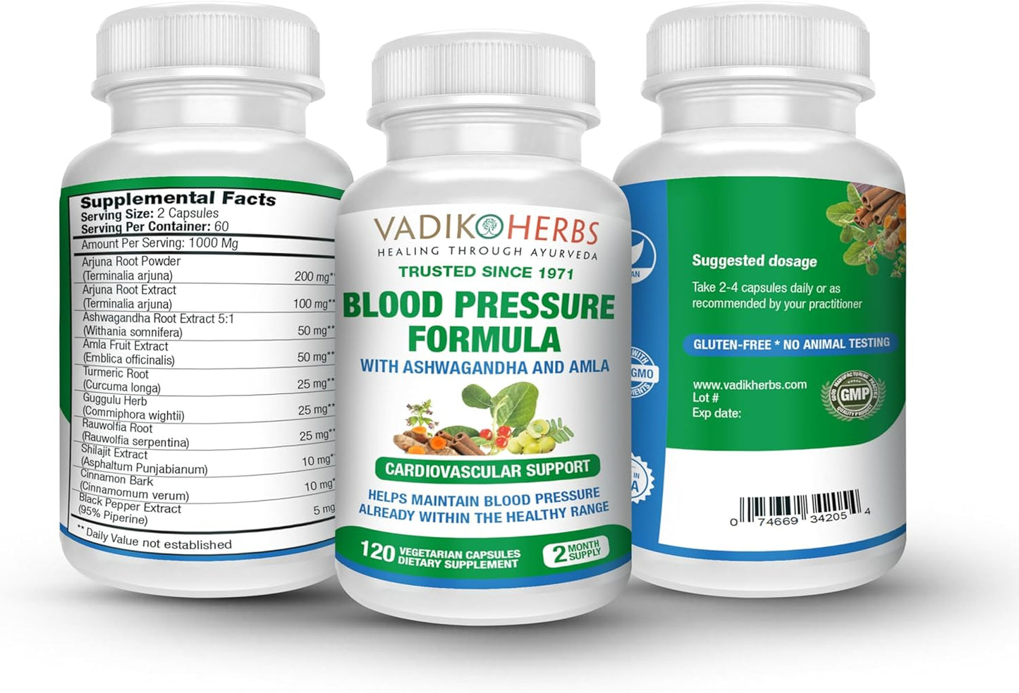 Vadik Herbs Blood Pressure Formula with Ashwagandha and Amla for Cardiovascular Support - 120 Vegetarian Capsules
