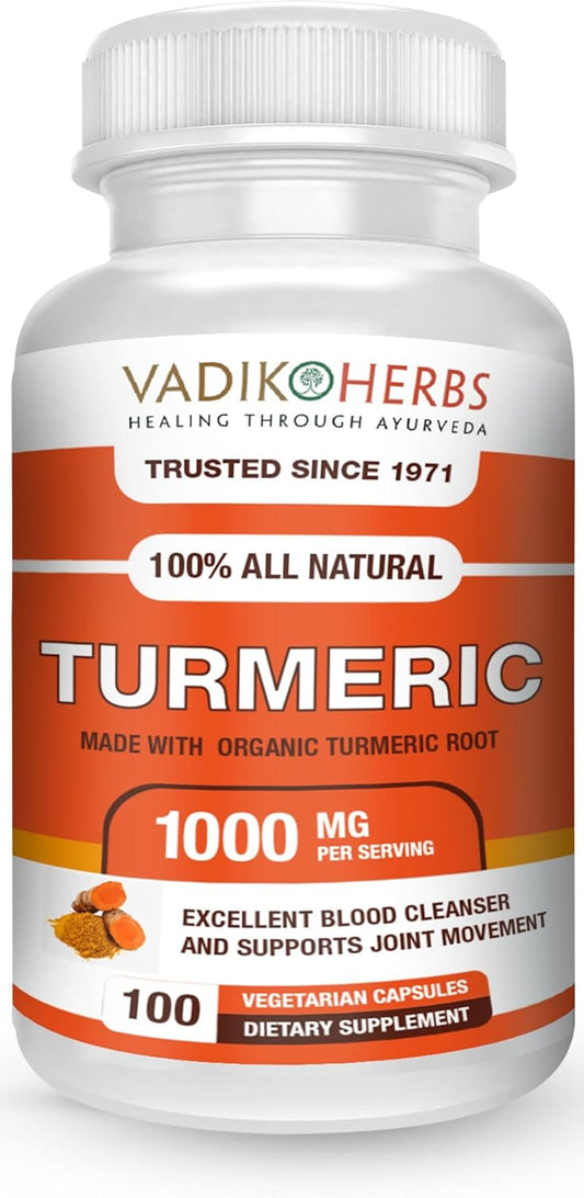 Vadik Herbs Turmeric Curcumin 1000 mg Organic Supplement | 100 Vegetarian Capsules | USA Made | Trusted Since 1971