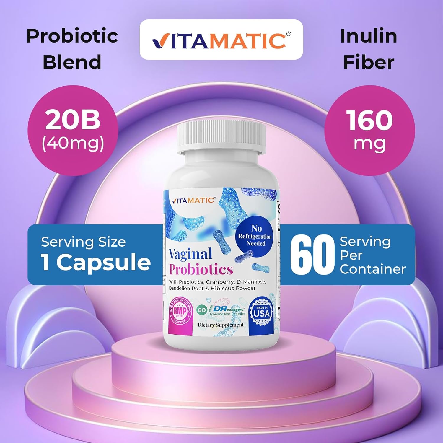 Vaginal Probiotics for Women - 20 Billion CFU with Prebiotics & Cranberry - 60 DR Capsules for pH Balance & Odor Control