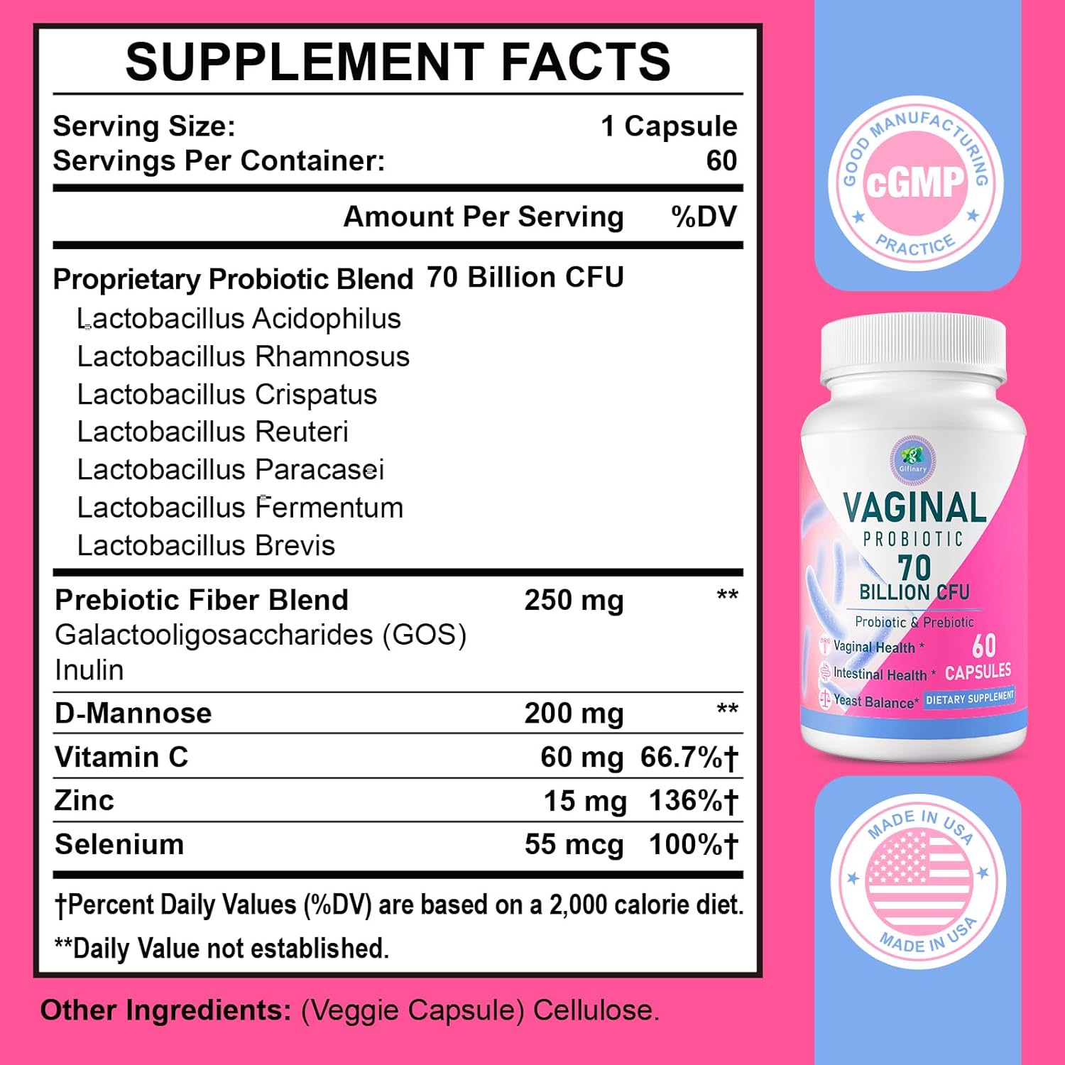 Vaginal Probiotics for Women - 70 Billion CFU, 13 Strains with Prebiotic & D-Mannose - Supports Vaginal Health, pH Balance, Immune & Digestive System - 300 Capsules