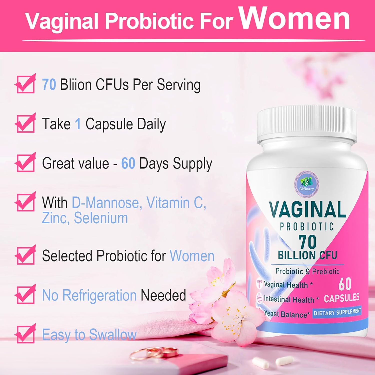 Vaginal Probiotics for Women - 70 Billion CFU, 13 Strains with Prebiotic & D-Mannose - Supports Vaginal Health, pH Balance, Immune & Digestive System - 300 Capsules