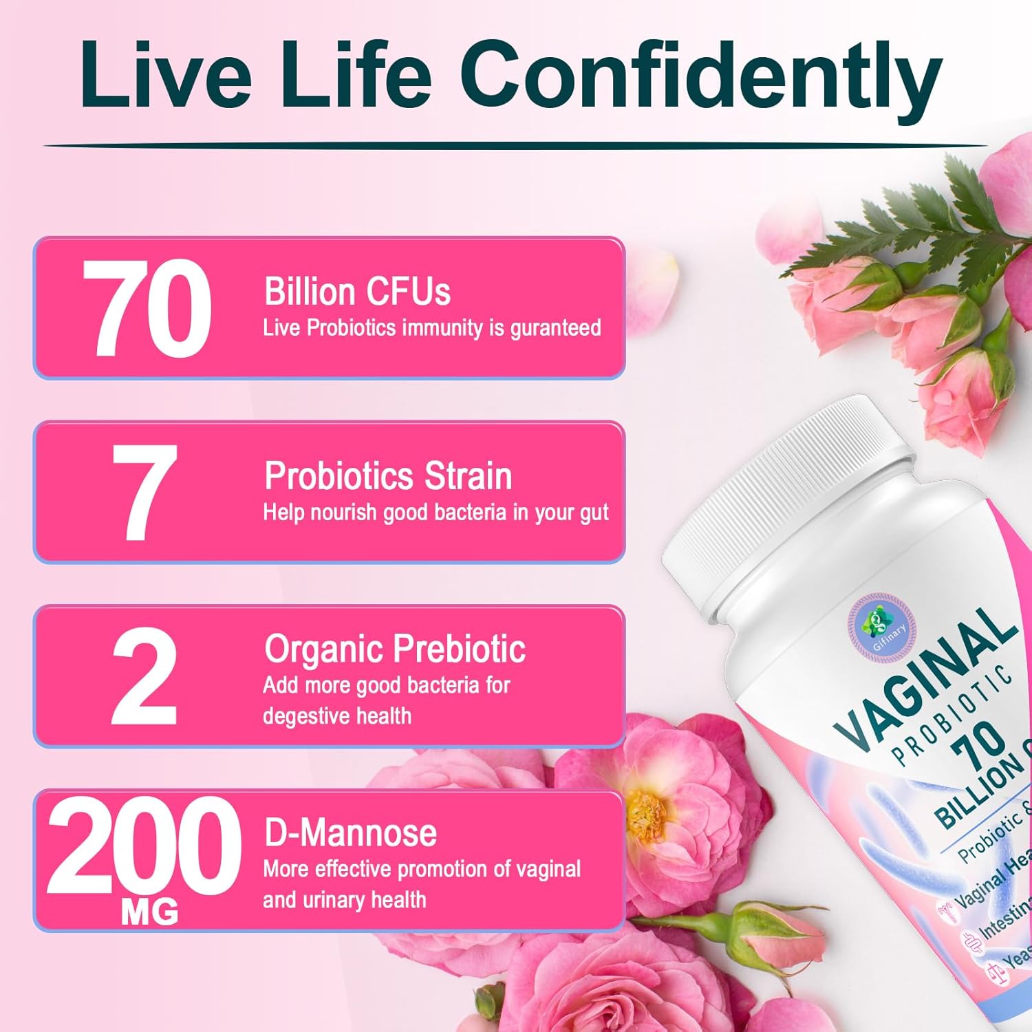 Vaginal Probiotics for Women - 70 Billion CFU, 13 Strains with Prebiotic & D-Mannose - Supports Vaginal Health, pH Balance, Immune & Digestive System - 300 Capsules
