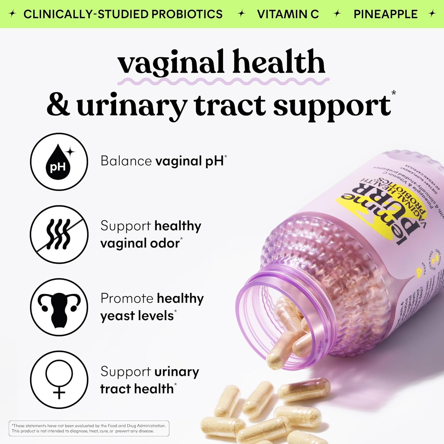 Vaginal Probiotics for Women - Supports pH Balance & Urinary Tract Health with Lactobacillus Blend, Pineapple & Vitamin C - 60 Capsules