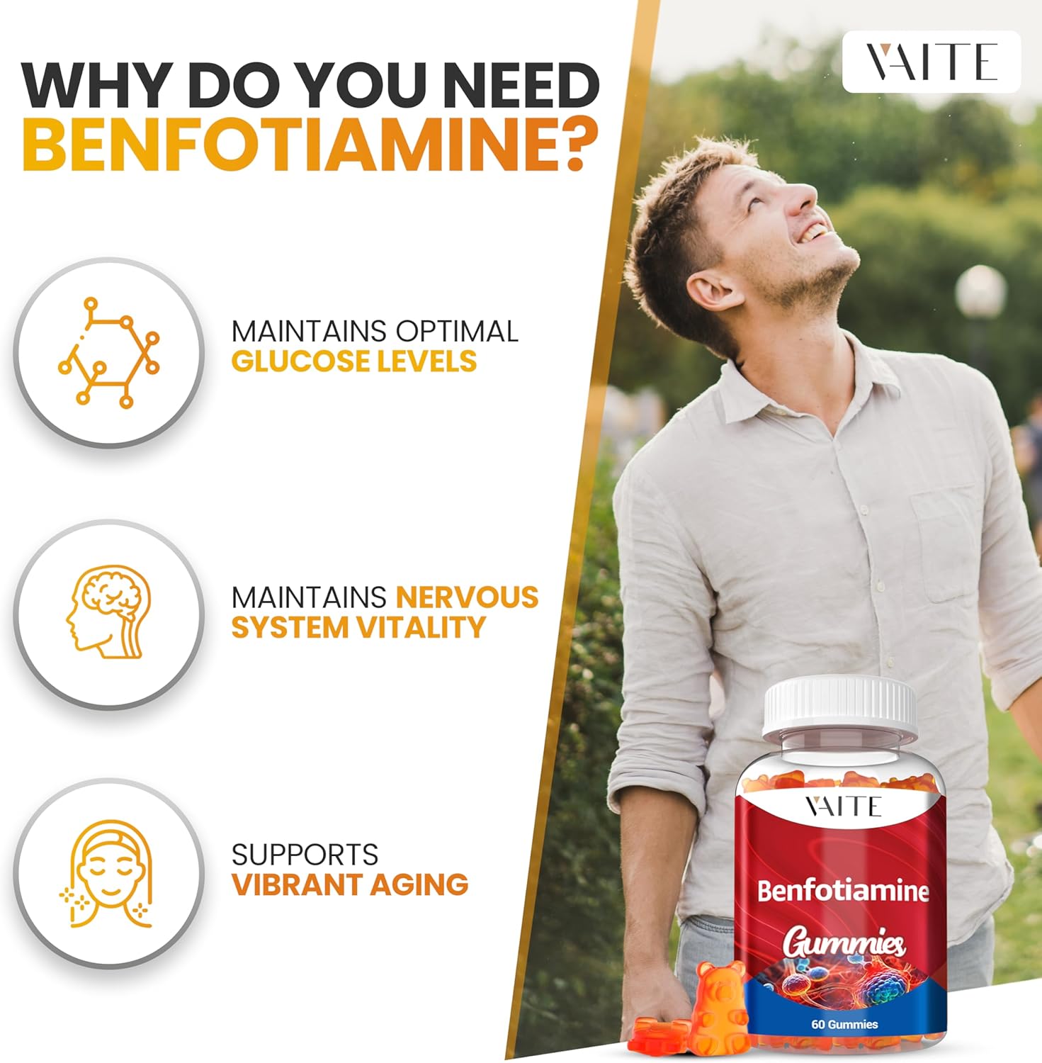 VAITE Benfotiamine Gummies 320mg with L-Leucine: Vitamin B1 Complex for Men and Women, Non-GMO, Vegan & Gluten-Free - Supports Metabolism & Energy