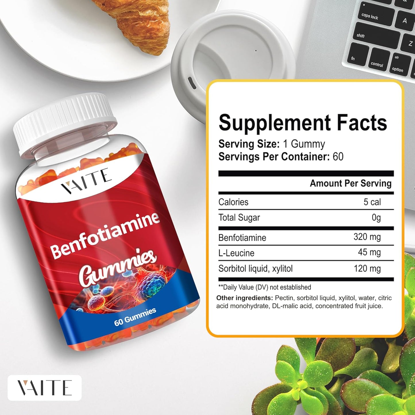 VAITE Benfotiamine Gummies 320mg with L-Leucine: Vitamin B1 Complex for Men and Women, Non-GMO, Vegan & Gluten-Free - Supports Metabolism & Energy