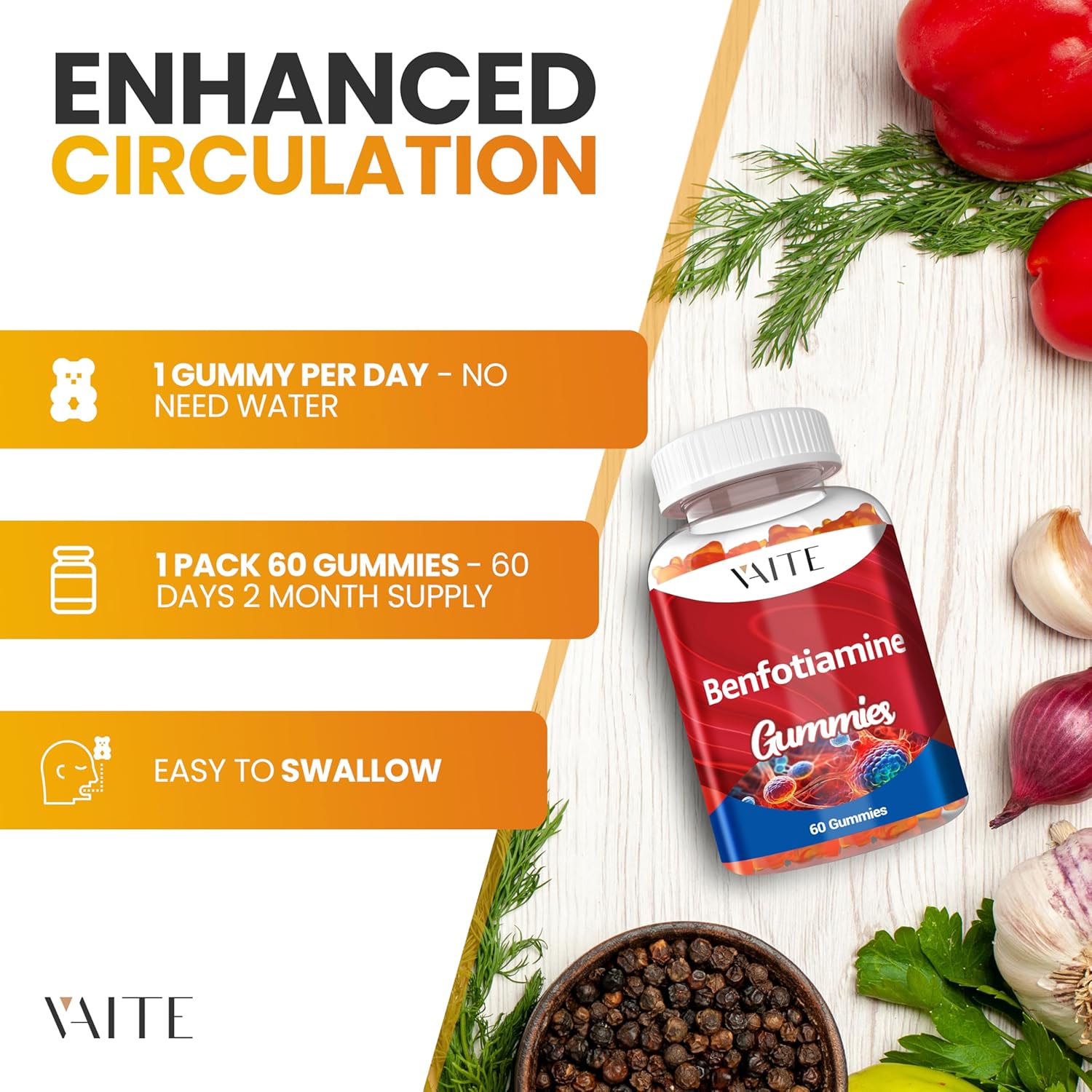 VAITE Benfotiamine Gummies 320mg with L-Leucine: Vitamin B1 Complex for Men and Women, Non-GMO, Vegan & Gluten-Free - Supports Metabolism & Energy