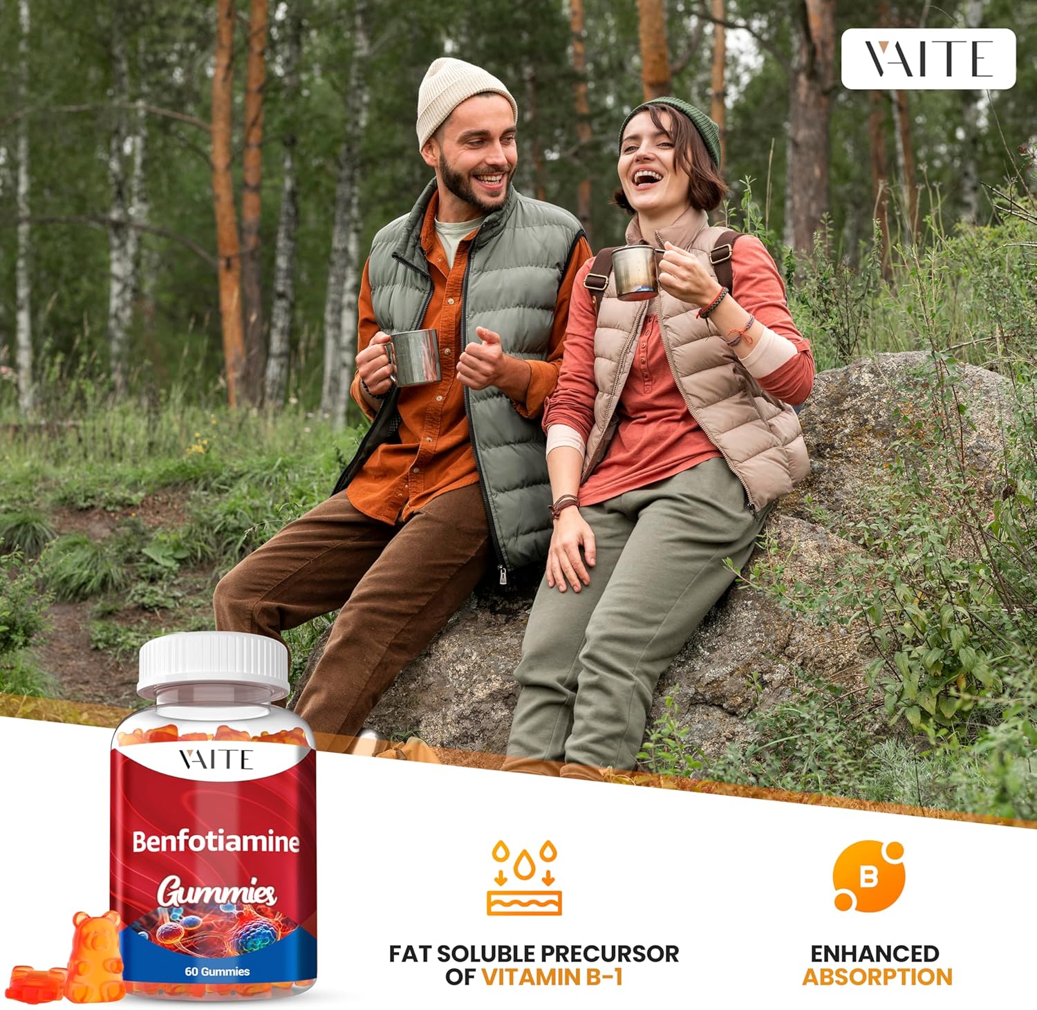 VAITE Benfotiamine Gummies 320mg with L-Leucine: Vitamin B1 Complex for Men and Women, Non-GMO, Vegan & Gluten-Free - Supports Metabolism & Energy