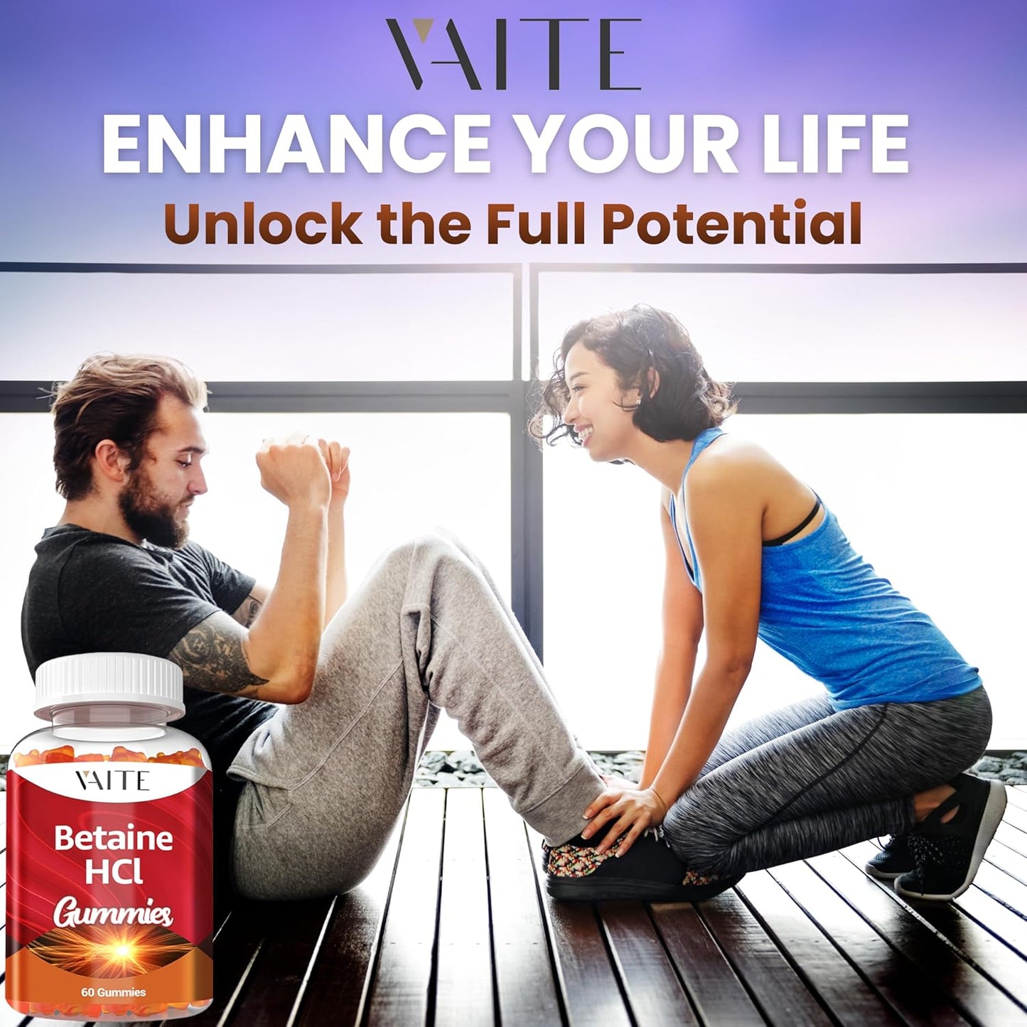 VAITE Betaine HCL Gummies - 1000 mg Hydrochloric Acid Supplement for Digestive Support - Non-GMO, Vegan, Gluten-Free - 60 Gummy Pack for Low Stomach Acid