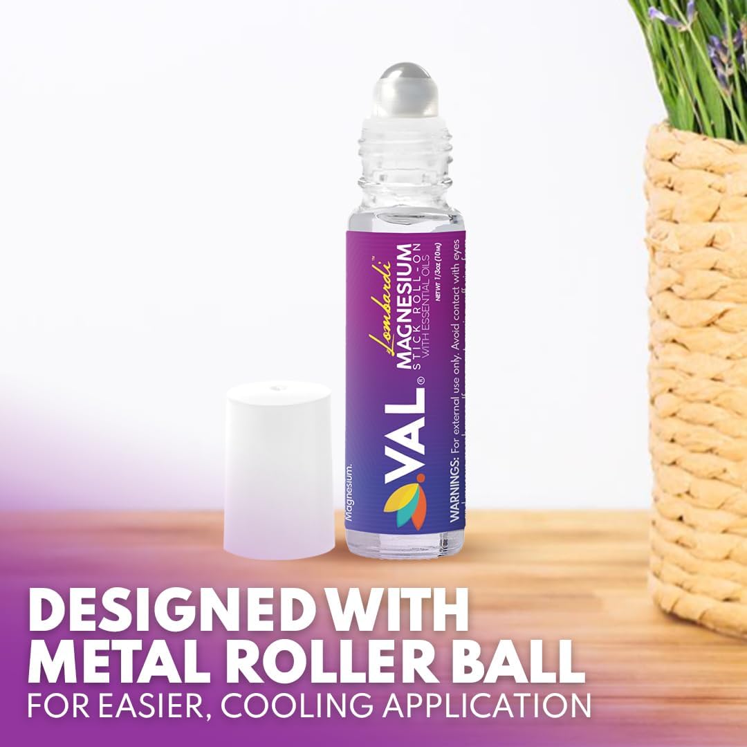 VAL Lombardi Magnesium Cooling Roll-On Stick with Peppermint & Essential Oils - Soothing Relief for Headaches. USA-Made Metal Roller. 10ml.