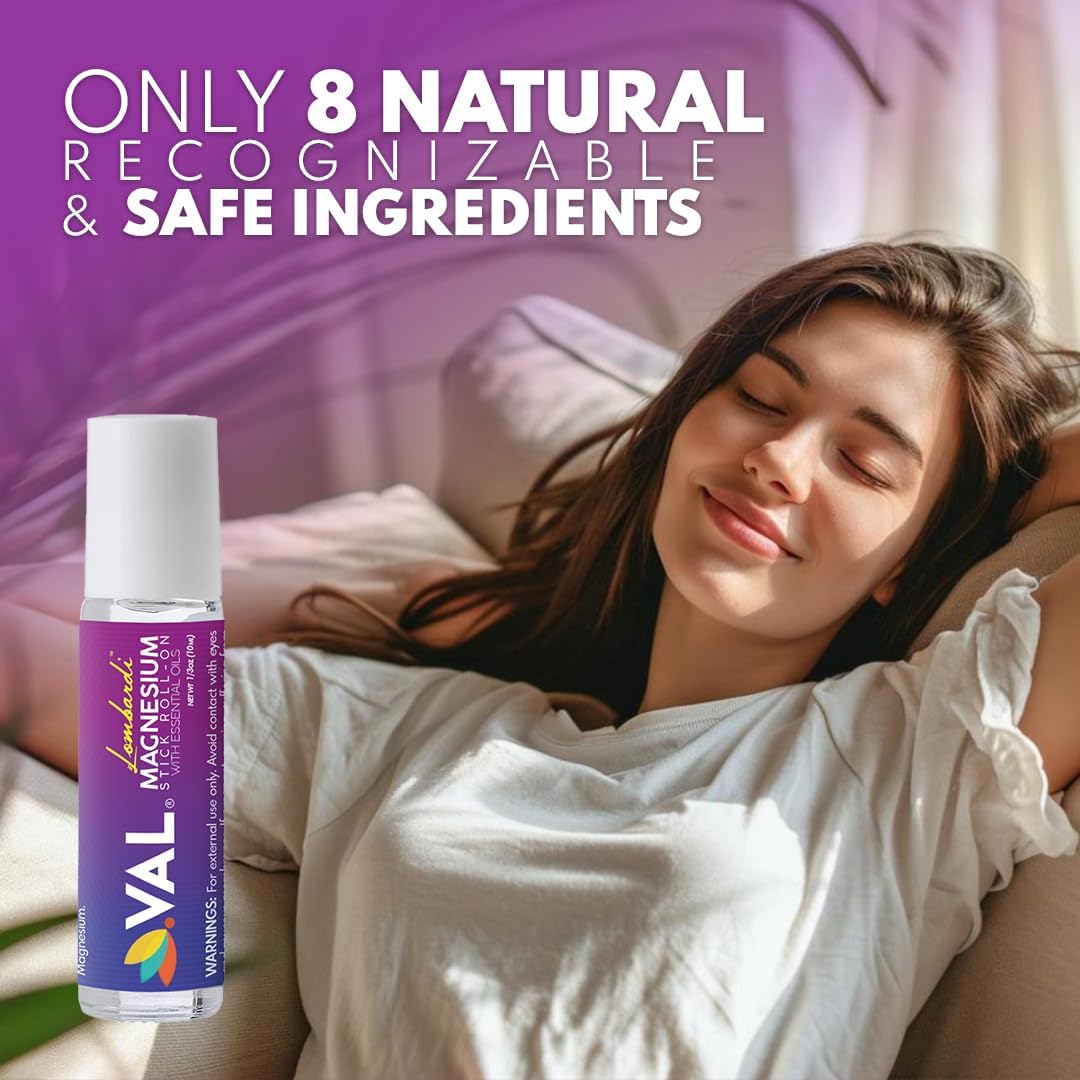 VAL Lombardi Magnesium Cooling Roll-On Stick with Peppermint & Essential Oils - Soothing Relief for Headaches. USA-Made Metal Roller. 10ml.