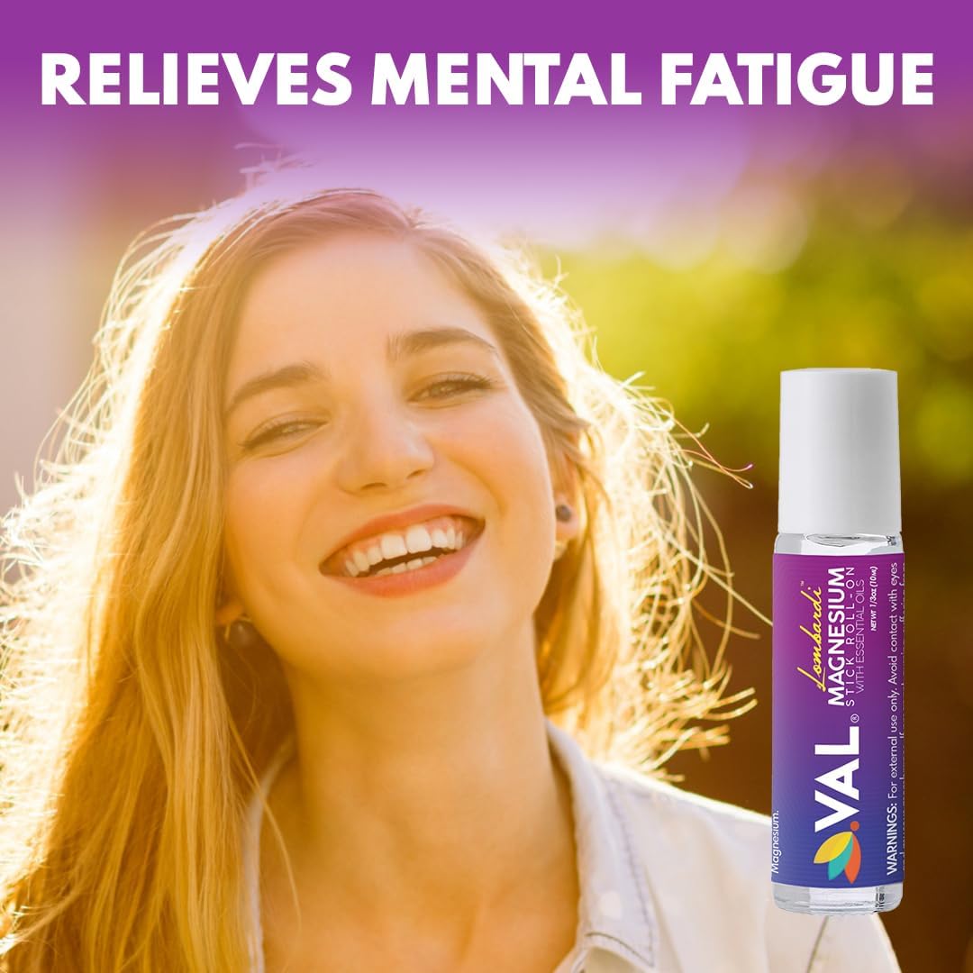 VAL Lombardi Magnesium Cooling Roll-On Stick with Peppermint & Essential Oils - Soothing Relief for Headaches. USA-Made Metal Roller. 10ml.