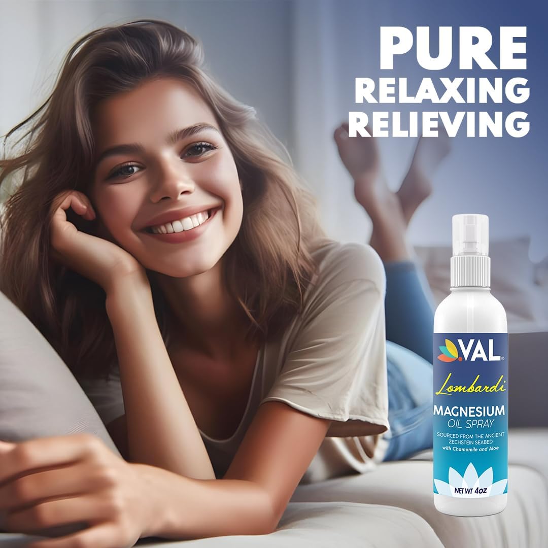 VAL Magnesium Oil Spray with Chamomile and Aloe for Healthy Hair, Skin, and Better Sleep - 4 oz - Made in USA from Ancient Zechstein Seabed