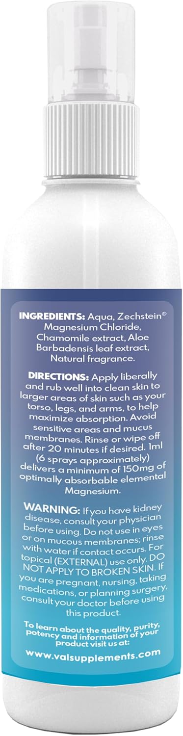 VAL Magnesium Oil Spray with Chamomile and Aloe for Healthy Hair, Skin, and Better Sleep - 4 oz - Made in USA from Ancient Zechstein Seabed