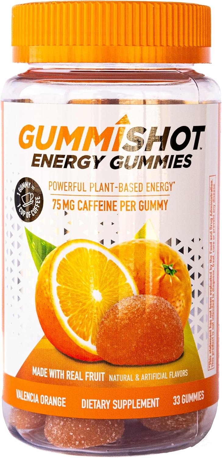 Valencia Orange GummiShot Energy Gummies - 33ct Bottle with 2475mg Plant-Based Caffeine for Long Lasting Boost