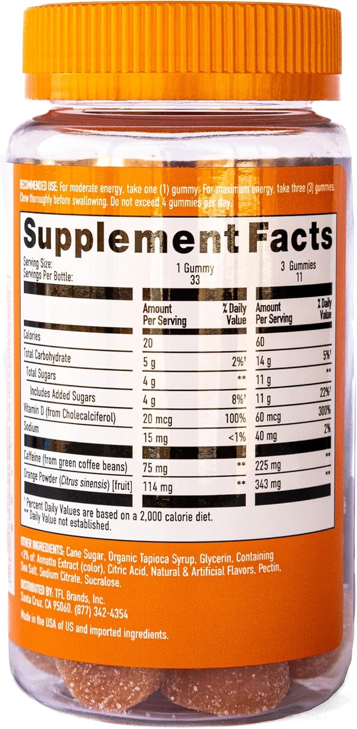 Valencia Orange GummiShot Energy Gummies - 33ct Bottle with 2475mg Plant-Based Caffeine for Long Lasting Boost