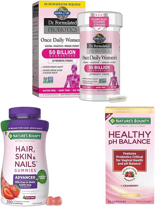 Valentine's Day Bundle: Women’s Wellness Gummies & Probiotics for Digestive & Vaginal Health, Hair, Skin & Nails - Garden of Life & Nature's Bounty, 30-200ct