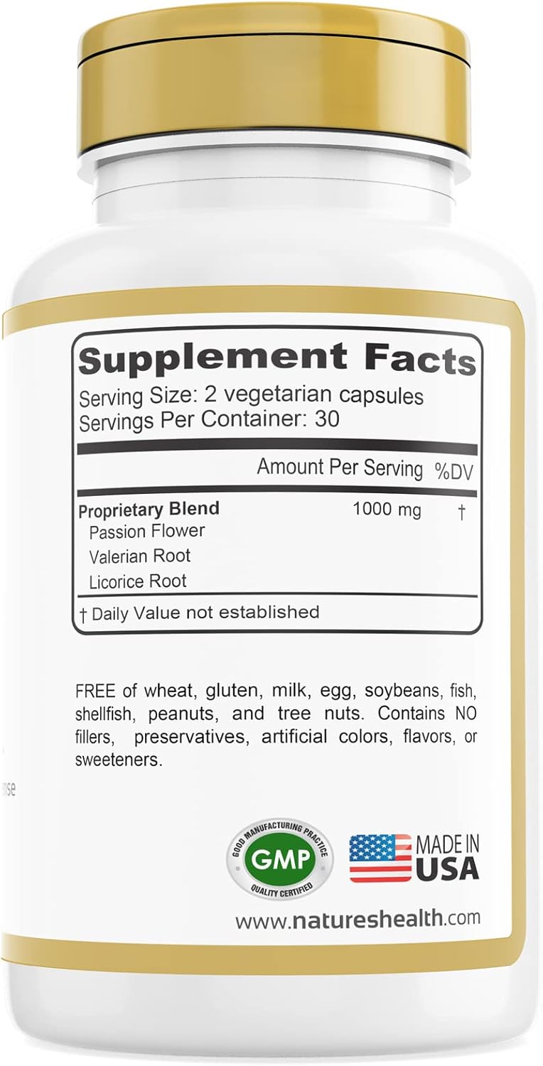 Valerian Root and Passion Flower Relaxation Supplement for Daily Stress Relief - 1000mg per Serving - 60 Vegetarian Capsules