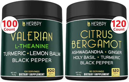 Valerian Root & Citrus Bergamot Bundle - 5in1 and 6in1 Supplements for Relaxation, Heart Health, Digestion, and Immune Support