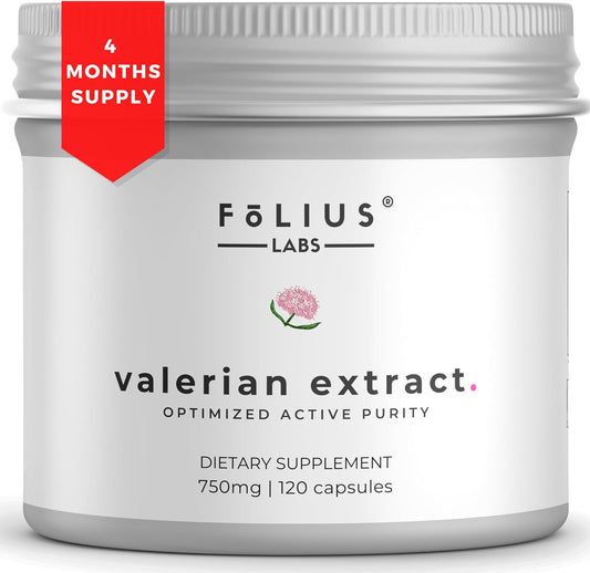Valerian Root Extract Capsules 750mg - 4X Concentration Supplement for Relaxation - Gluten Free, Non-GMO - 120 Capsules by FOLIUS LABS