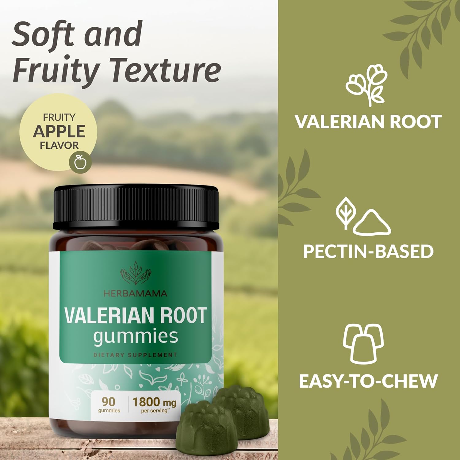 Valerian Root Gummies - 1800mg Herbal Relaxation Support - Vegan & Non-GMO Calming Chews - 90 Apple-Flavored Gummies
