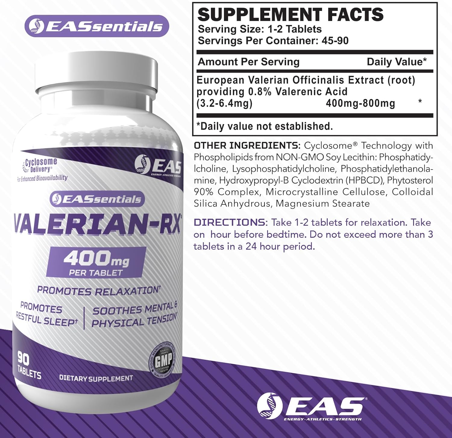 Valerian-RX 400mg Tablets for Relaxation & Restful Sleep | Gluten Free, Non GMO | Enhanced Absorption with Cyclosome Delivery | 90 Count