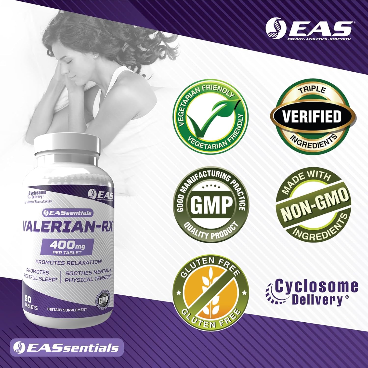 Valerian-RX 400mg Tablets for Relaxation & Restful Sleep | Gluten Free, Non GMO | Enhanced Absorption with Cyclosome Delivery | 90 Count