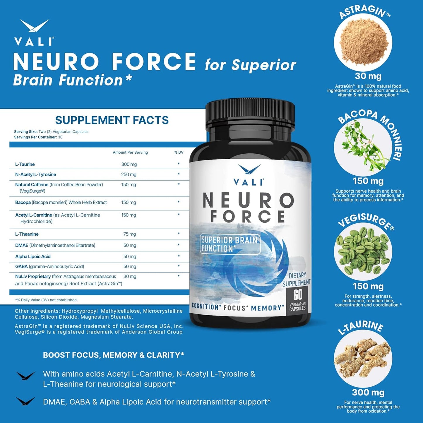 VALI Neuro Force Electrolyte Salts with Caffeine Bundle - Nootropic Brain Booster & Hydration Recovery Supplement