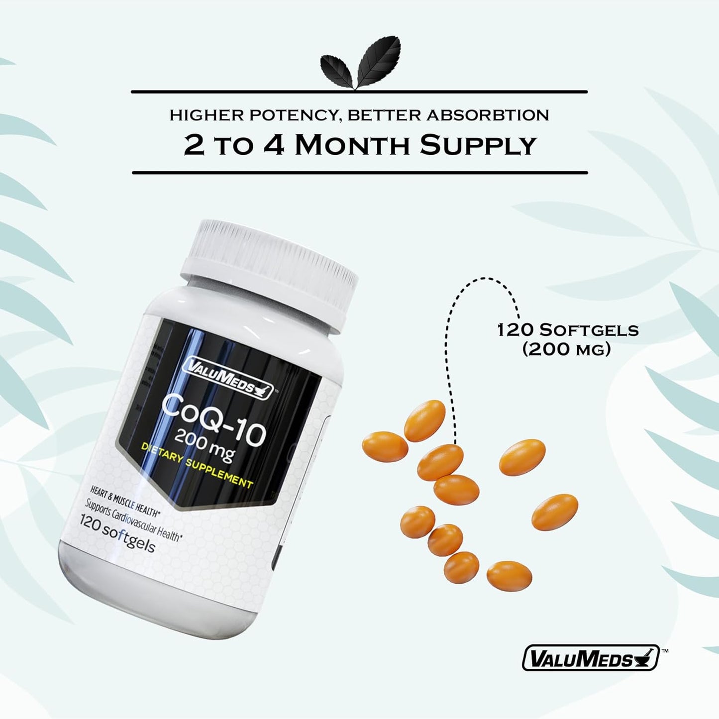 ValuMeds CoQ-10 Non-GMO Coenzyme Q10 Supplement - 120 Softgels for Heart Health & Energy Support - Gluten Free for High Blood Pressure - 120 Count, 200 mg