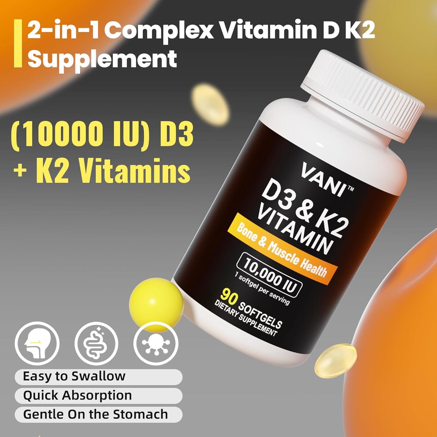 VANI Vitamin D3 (10000iu/250mcg) + K2 (as Mk7) Softgels for Bone, Muscle, and Teeth Health - 90 Count