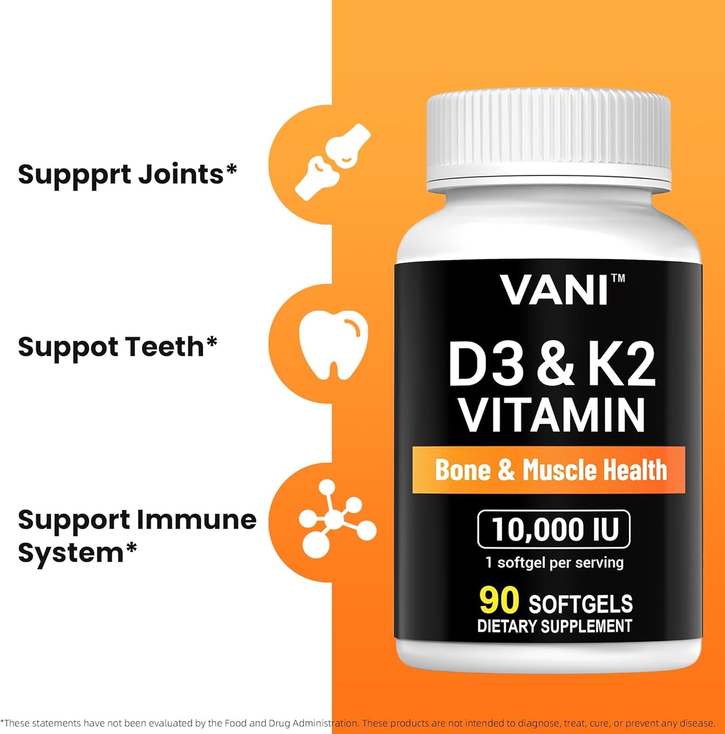 VANI Vitamin D3 (10000iu/250mcg) + K2 (as Mk7) Softgels for Bone, Muscle, and Teeth Health - 90 Count