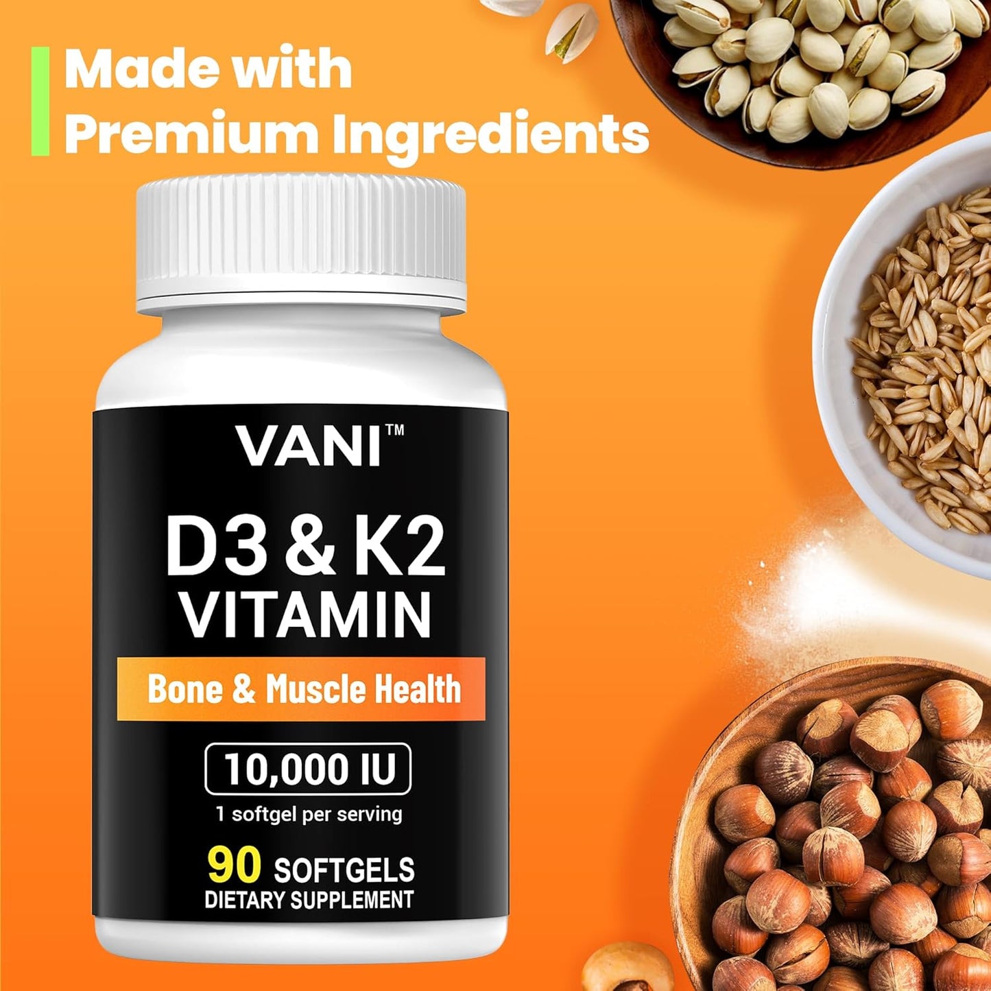 VANI Vitamin D3 (10000iu/250mcg) + K2 (as Mk7) Softgels for Bone, Muscle, and Teeth Health - 90 Count