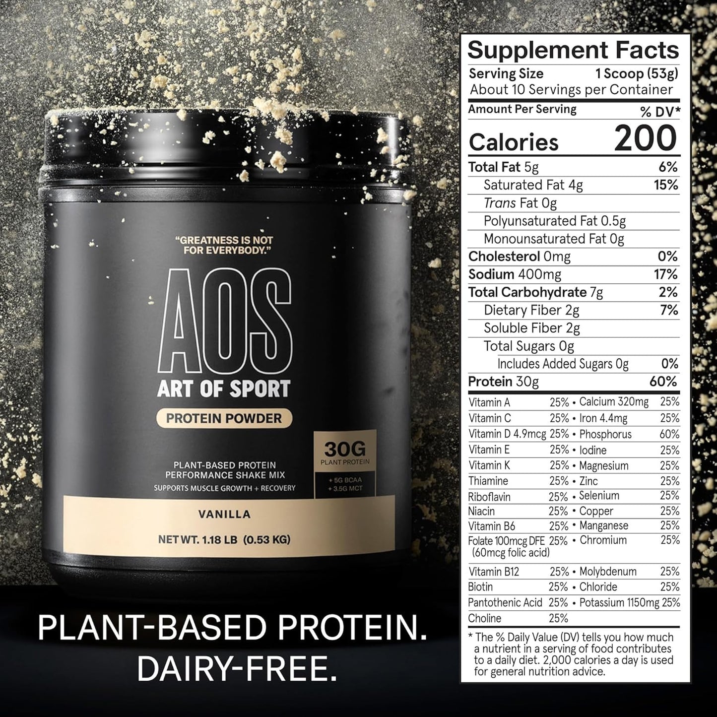 Vanilla 30g Protein Powder for Athletes - Dairy & Gluten Free, 0g Sugar, 5g BCAA, 3.5g MCT - 1.18lb Tub