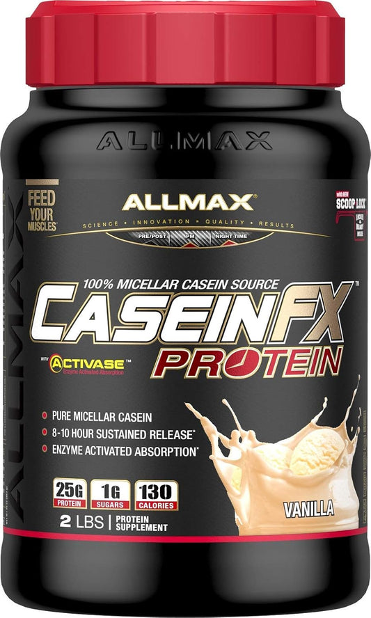 Vanilla ALLMAX CASEIN-FX Protein Powder - 2 lb Tub - 25g Slow-Release Protein - Low Carb, No Added Sugar - 27 Servings