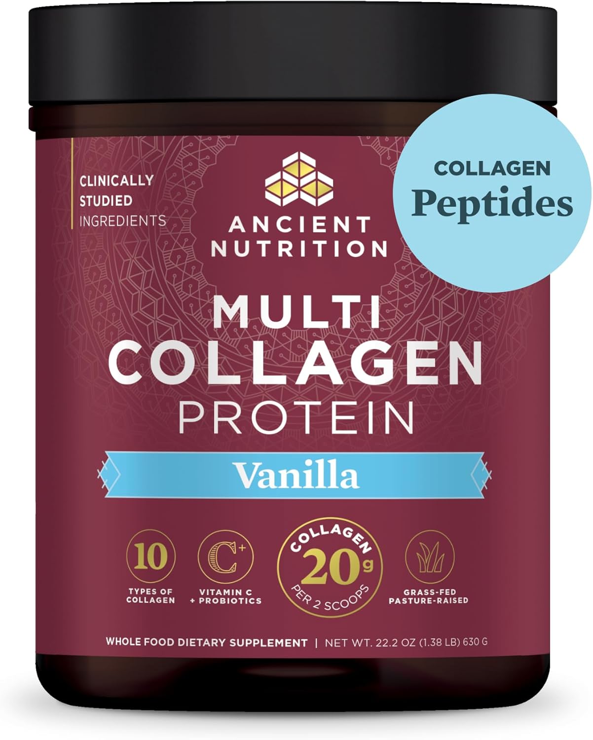 Vanilla Ancient Nutrition Multi Collagen Protein Powder with Probiotics & Vitamin C - Supports Skin, Nails, and Gut Health (60 Servings)
