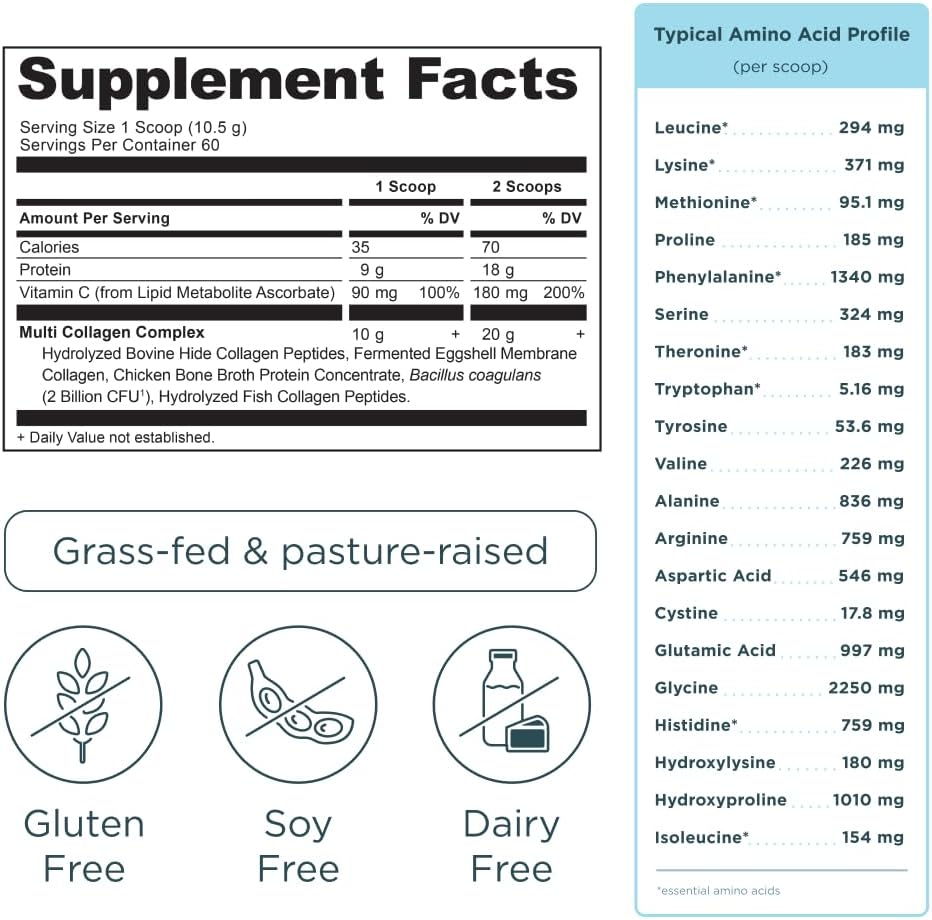 Vanilla Ancient Nutrition Multi Collagen Protein Powder with Probiotics & Vitamin C - Supports Skin, Nails, and Gut Health (60 Servings)