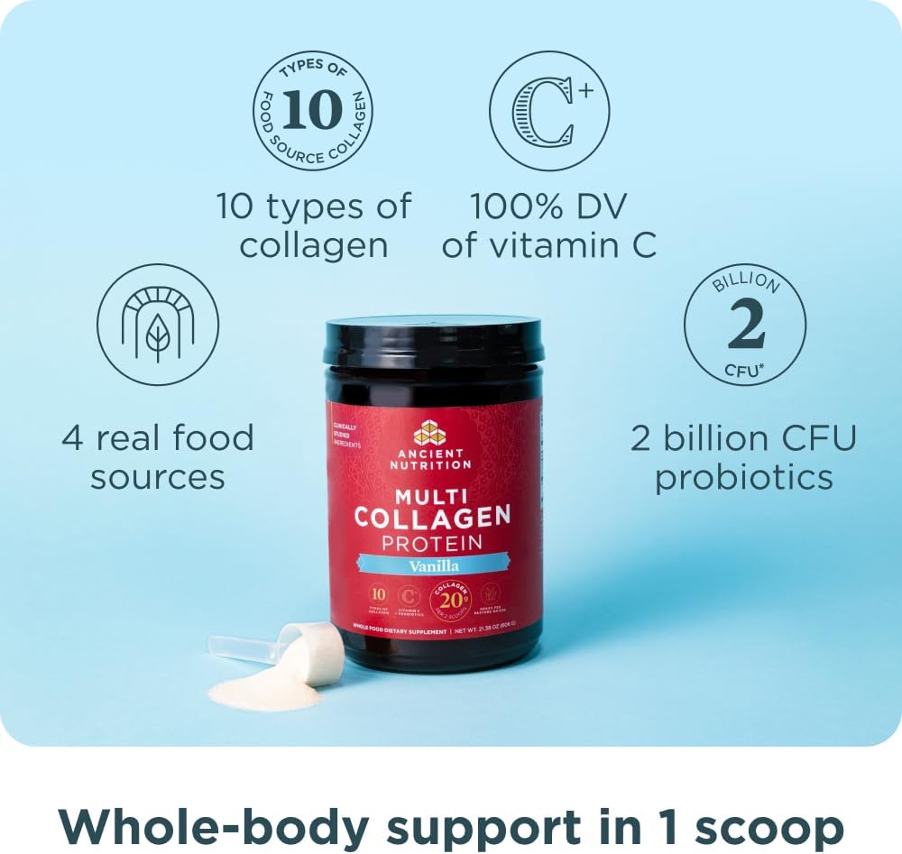Vanilla Ancient Nutrition Multi Collagen Protein Powder with Probiotics & Vitamin C - Supports Skin, Nails, and Gut Health (60 Servings)
