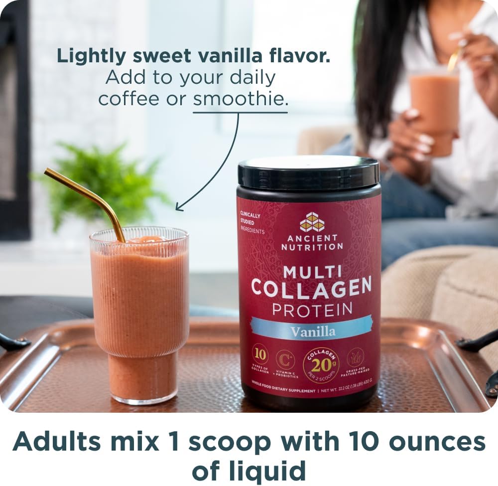 Vanilla Ancient Nutrition Multi Collagen Protein Powder with Probiotics & Vitamin C - Supports Skin, Nails, and Gut Health (60 Servings)