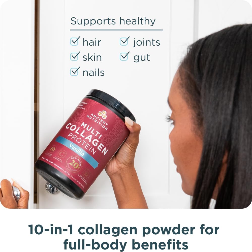 Vanilla Ancient Nutrition Multi Collagen Protein Powder with Probiotics & Vitamin C - Supports Skin, Nails, and Gut Health (60 Servings)