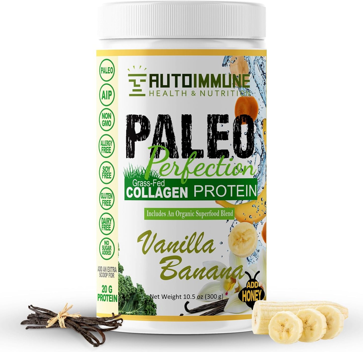 Vanilla Banana Grass-Fed Beef Collagen Protein Powder - Paleo, Keto, SCD, AIP Friendly - 300g Superfood Blend with Apple Fiber