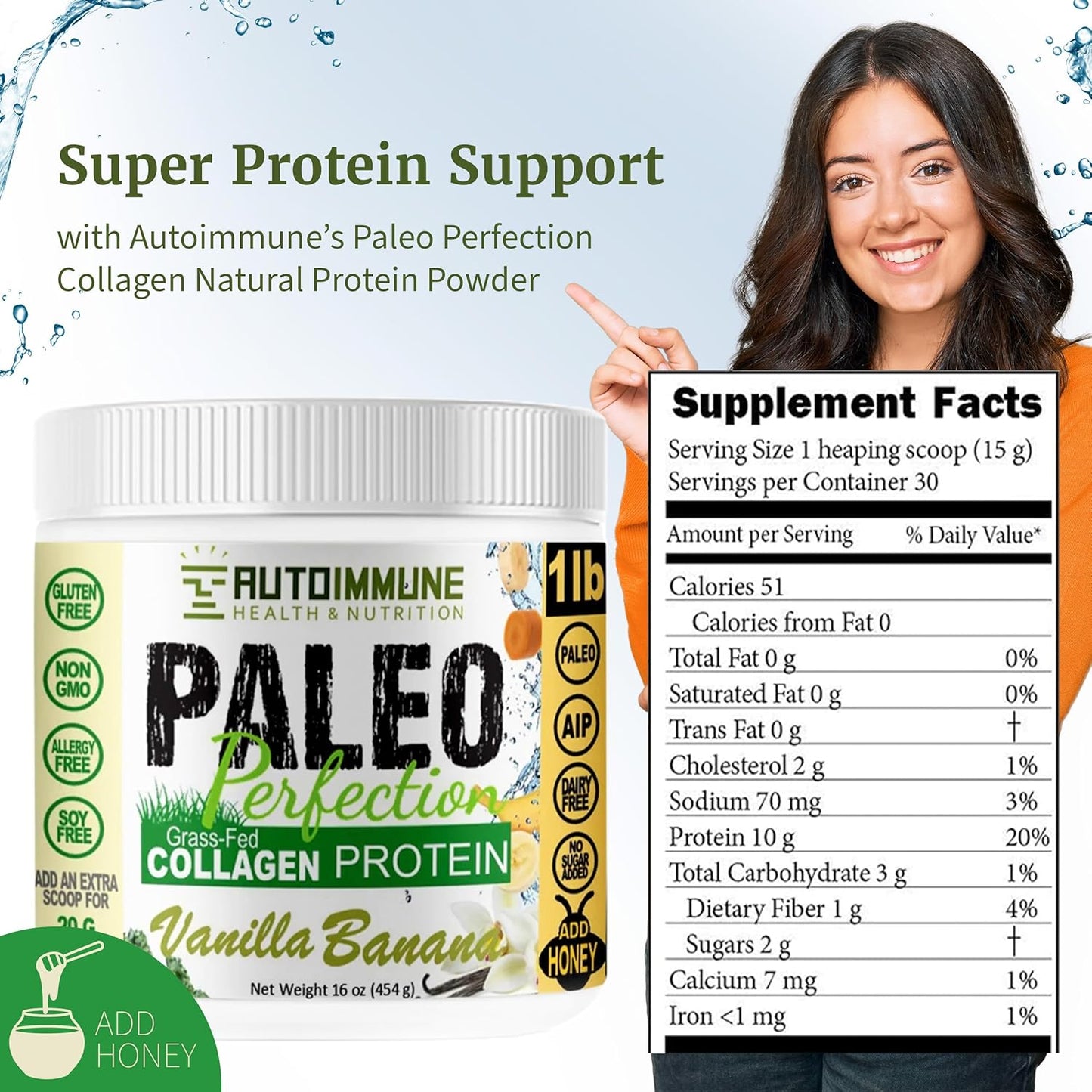 Vanilla Banana Grass-Fed Beef Collagen Protein Powder - Paleo, Keto, SCD, AIP Friendly - 300g Superfood Blend with Apple Fiber