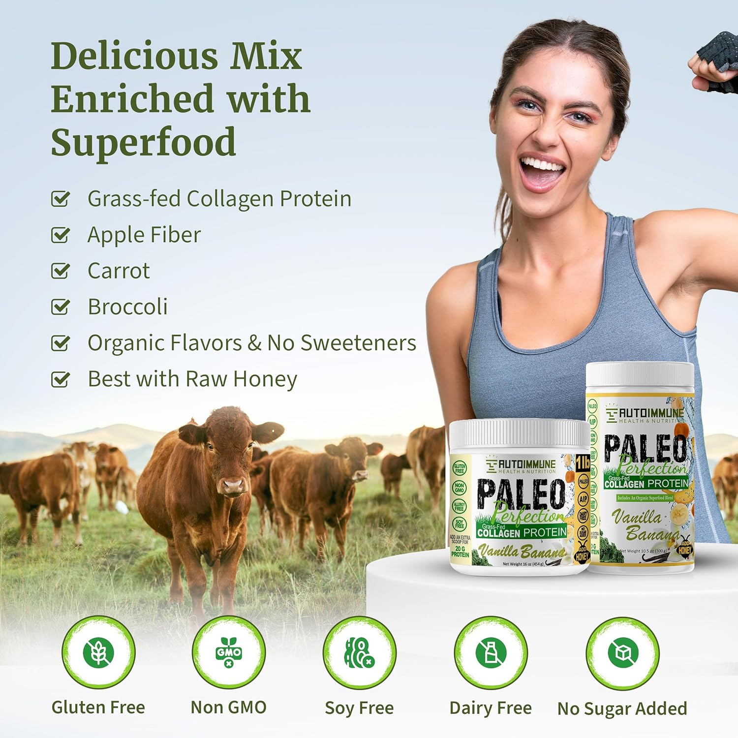 Vanilla Banana Grass-Fed Beef Collagen Protein Powder - Paleo, Keto, SCD, AIP Friendly - 300g Superfood Blend with Apple Fiber