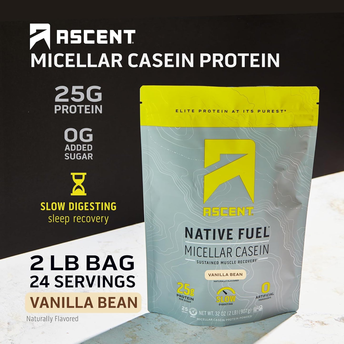 Vanilla Bean Casein Protein Powder - 25g Micellar Casein, Zero Artificial Flavors, Gluten-Free, No Sugar - 2lb