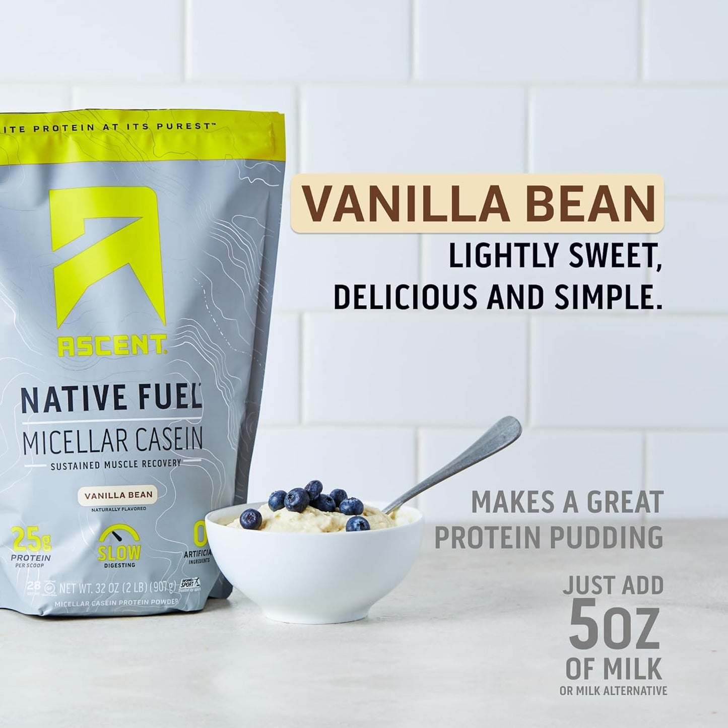 Vanilla Bean Casein Protein Powder - 25g Micellar Casein, Zero Artificial Flavors, Gluten-Free, No Sugar - 2lb